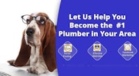 a dog wearing glasses with the words let us help you become the 1 plumber in your area